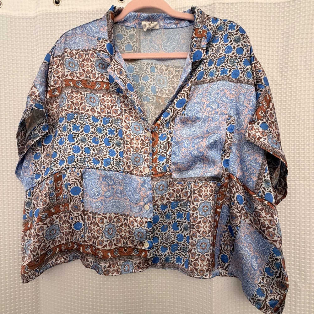 dRA Los Angeles Patchwork Button Down Blouse Size M Boho Paisley Oversized Festi